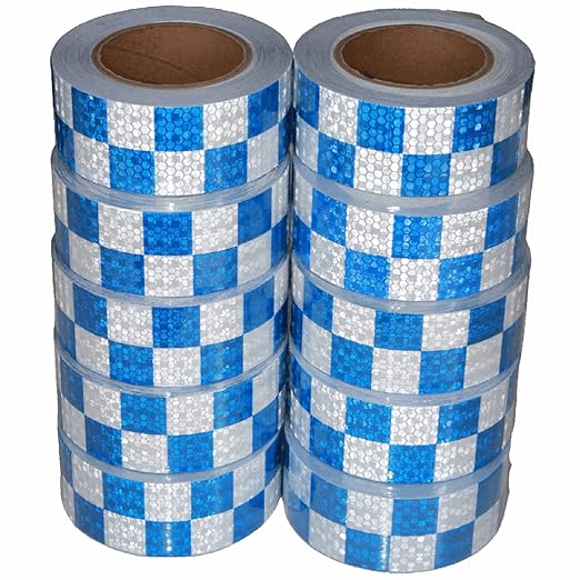 Reflective Tape Blue and White 2 inch X 66 feet X 10 Rolls, Outdoor Waterproof Hazard Conspicuity Warning Marking Tape