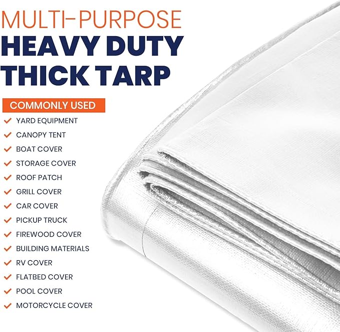 Tarpco Safety Heavy Duty 10 Mil Tarp Cover, Waterproof, UV Resistant, Rip and Tear Proof, Poly Tarpaulin with Reinforced Edges for Camping, Roof, Patio, Pool, Boat. (White 20′ X 30′)