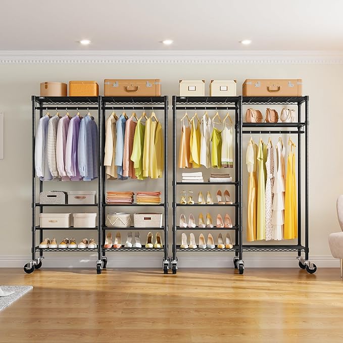 VIPEK R4C Rolling Garment Rack 6 Tiers Adjustable Heavy Duty Wire Shelving Portable Clothes Rack with Lockable Wheels, Black Metal Clothing Rack with Grey Upgraded Polyester Cover, Max Load 620lbs