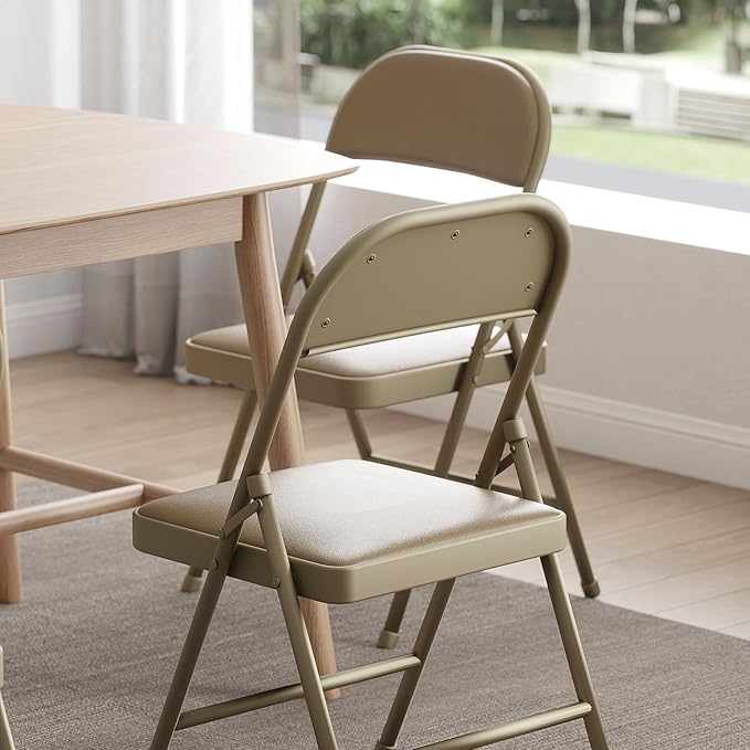 Nazhura 4 Pack Folding Chairs with Padded Vinyl Cushion Chairs with Comfortable Cushion and Durable Steel Frame for Home and Office, for Indoor and Outdoor Events (Kahki Vinyl Padding 4 Pack)