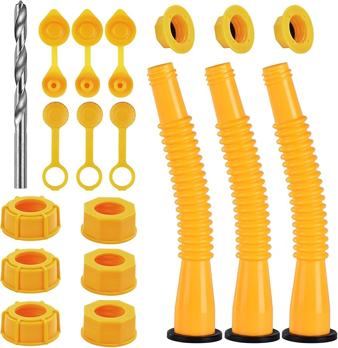 Gas Can Spout Replacement, Gas Can Nozzle Replacement (3 Kits-Orangish). For 1/2/5/10 gallon gas cans. Upgraded replacement gas can spout with flexible nozzle, vent cap, thick rubber pad, spout cover