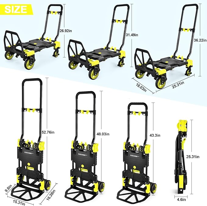 2-in-1 Folding Hand Truck Dolly 330LB Load Carrying, Hand Truck Foldable Dolly with Retractable Handle and 4 Rubber Wheels, Portable Folding Hand Cart for Moving/Travel/Office (Yellow)