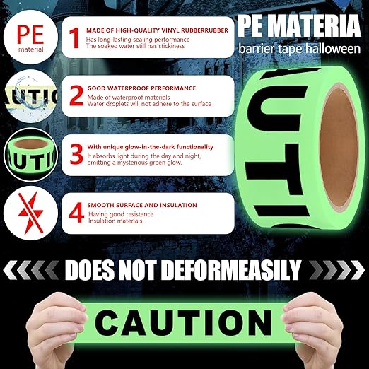Glow in The Dark Tape Caution Tape Roll 2inx32.8ft Crime Scene Construction Warning Glow Tapes Indoor Outdoor Barricade Safety Night Decorations Glows in The Dark Stairs Walls Exit Door Danger Areas
