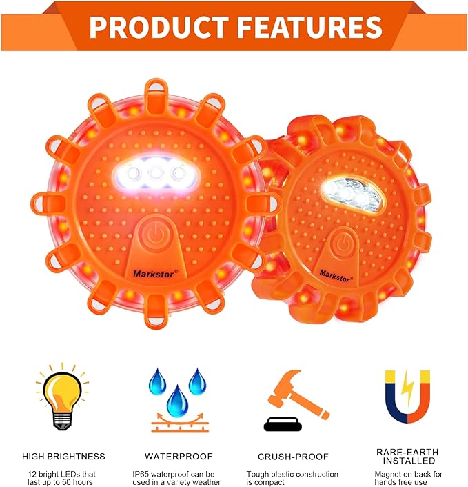 3 Pack of LED Emergency Car Kit Flashing Warning Lights Roadside Security for Vehicle Truck Boats with Hook, Amber Safety Flares Warning Lights Disc Magnet (Battery Not Included)