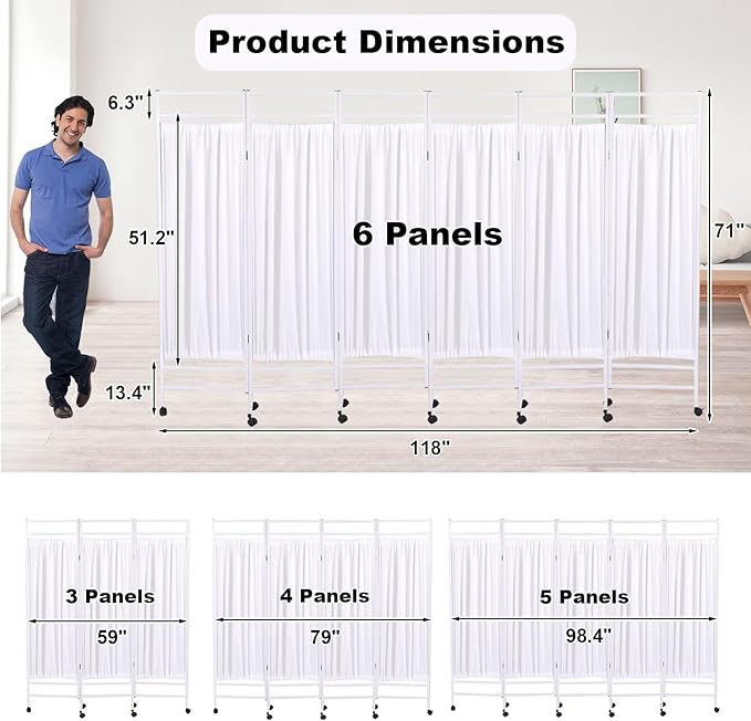 Medical Privacy Screen on Wheels, Foldable Medical Room Divider with Lockable casters, Waterproof Nylon Panel, Portable Privacy Screen for Room, Easy to Clean (White 4 Panels)