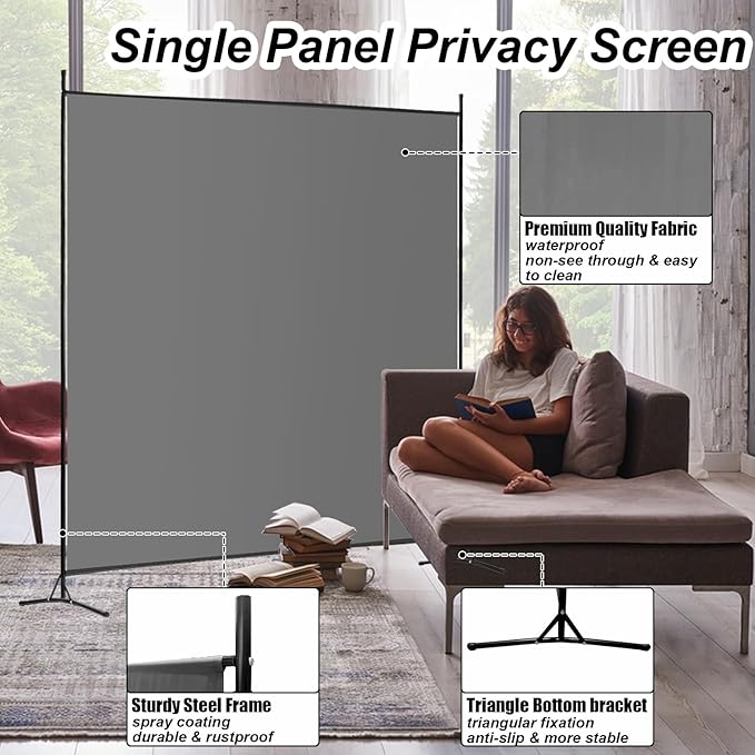 Room Divider - 6 Ft Single Panel, 69''W x 70''H Freestanding Privacy Screen for Room Separation, Portable Partition in Grey