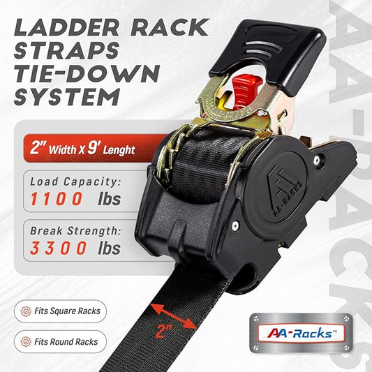 AA-Racks Heavy Duty Retractable Ratchet Straps (2 Pack) - 2 Inch x 9 Ft 3300lbs Break Strength, Tie Down Straps for Securing Cargo, Truck Rack Ratchet Strap Kit with S-Hooks