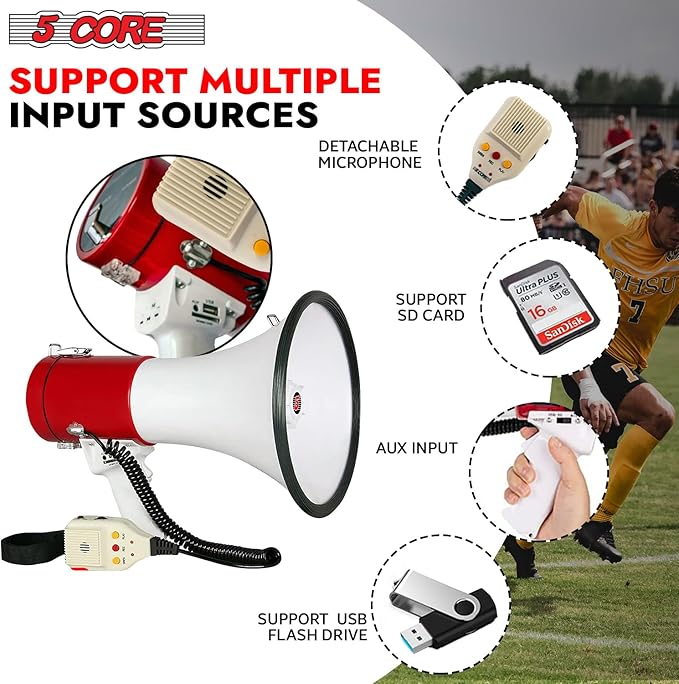5 CORE Megaphone 50W Bull Horn Professional PA Speaker w 1200 Yards Range Loud Siren Voice Amplifier USB/SD/3.5mm Aux Portable Megafono for Emergency Outdoor Sports and Coaches - 66SF