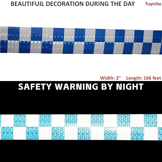 Reflective Tape Blue and White 2 inch Wide for Cars, Outdoor Waterproof High Visibility Safety Warning Adhesive Strips (166 feet)