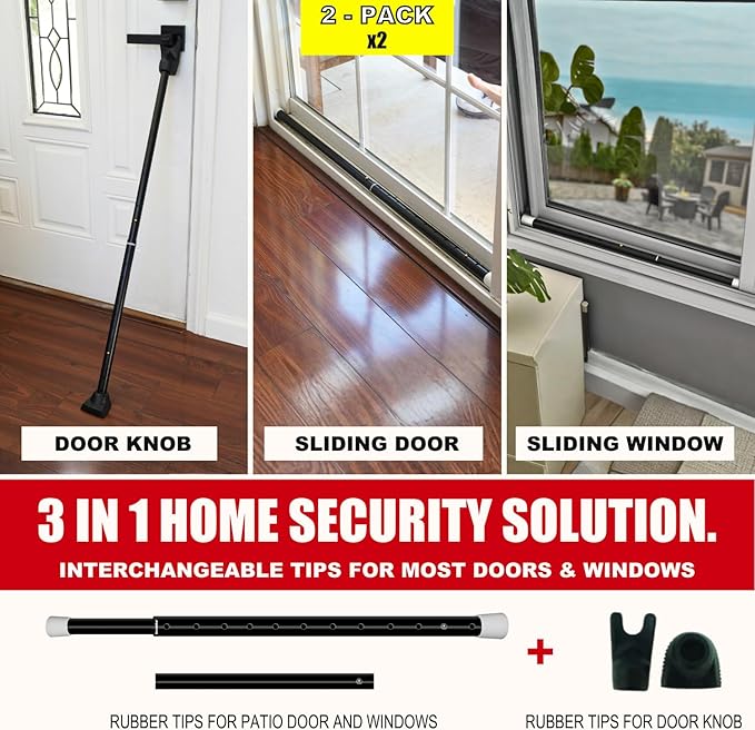 SECURITYMAN 2-in-1 Door Security Bar & Sliding Patio Door Security Bar (2 Pack) via Interchangeable Caps - Heavy Duty Iron Construction Door Stoppers Lock for Home, Apartment, Travel Hotel - Black