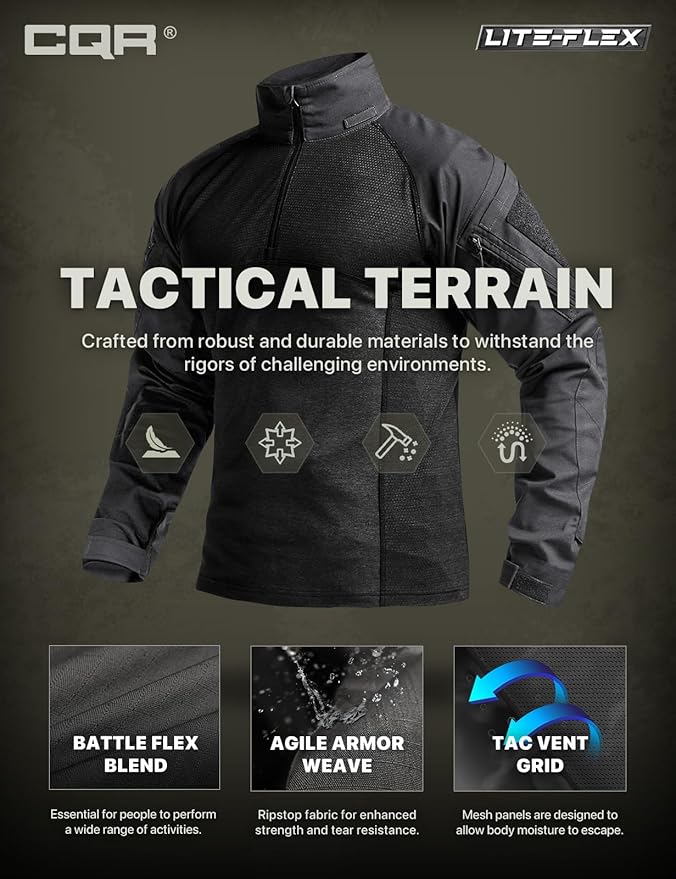 CQR Men's Combat Shirt Tactical 1/4 Zip Long Sleeve Military BDU Shirts Camo EDC Top with Pockets