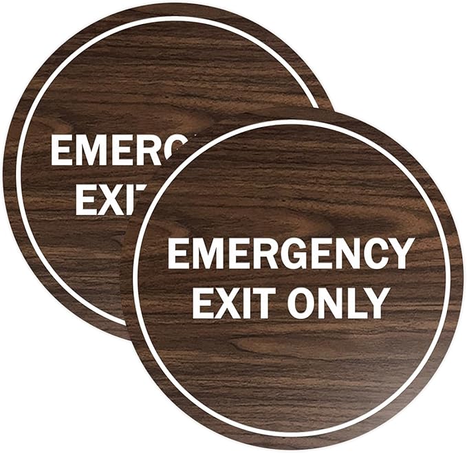 Signs ByLITA Circle Emergency Exit Only Sign (Walnut) - Small 2 Pack