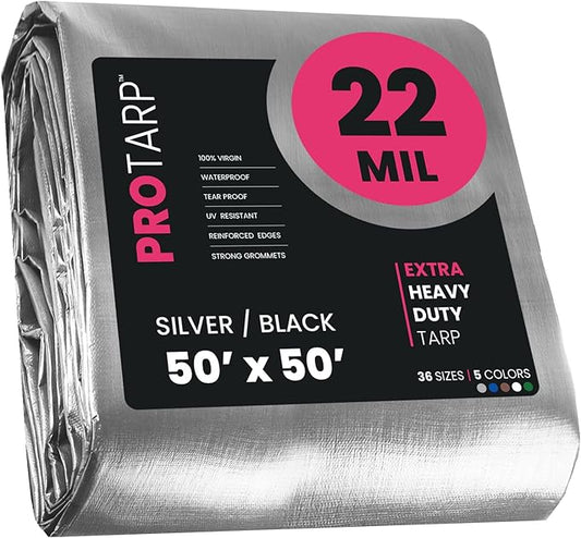 PROTARP Extreme Heavy Duty 22 Mil Tarp Cover, Waterproof, UV Resistant, Rip and Tear Proof, Poly Tarpaulin with Reinforced Edges for Roof, Camping, Patio, Pool, Boat. (Silver/Black 50′ X 50′)