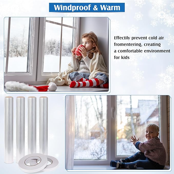 Frienda Window Insulation Kit for Winter Each Roll 62 x 210 Indoor Window Plastic Insulation Kit with Double Sided Tape Clear Shrink Covering Film(6 Roll)