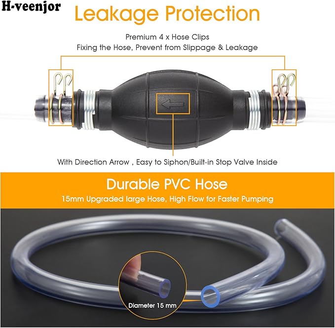 Gasoline Siphon Hose Pump, Hand Fuel Transfer Pump, High Flow Gas Siphon Pump for water Gasoline Oil Petrol Diesel, Manual Fuel Pump with 2 Premium PVC Hoses