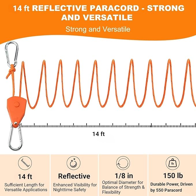 14ft Retractable Paracord Rope Tie Down Ratchet Strap Small Straps Mini Rope Cam Lock Tent Canopy Tie Down Adjustable Outdoor Windproof Tightener Tensioner Hanger Grow Light 5/32"