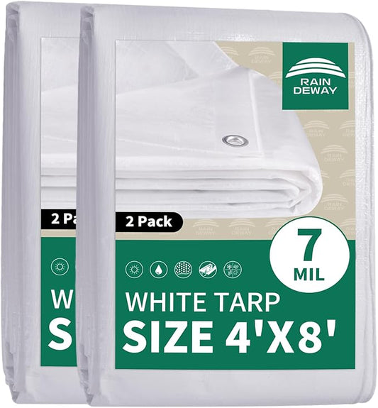 RAINDEWAY Small Tarps 4x8 Feet (2 Pack) Tarp Waterproof,7Mil Thick,Finished Size,UV Resistant,Multipurpose Poly Tarp Cover with Metal Grommets and Reinforced Edges,White Tarps