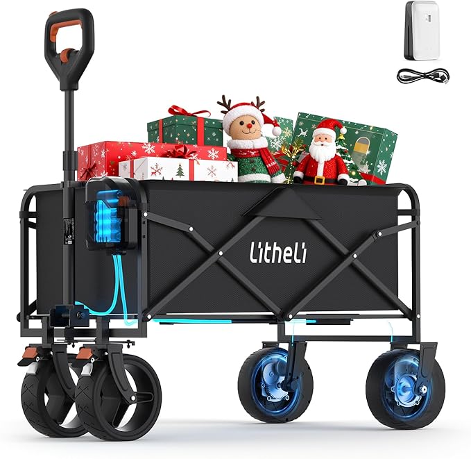 Litheli Electric Collapsible Wagon Cart Foldable, 100L Portable Folding Wagon Cart with Wheels, Outdoor Lightweight Utility Carts for Beach Grocery Camping Shopping
