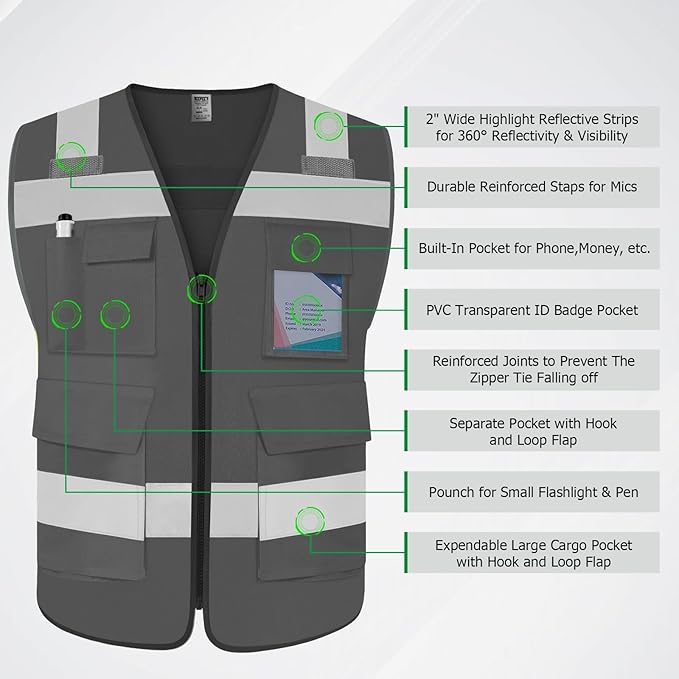 TCCFCCT Safety Vest for Men Women 5 Pockets Reflective Vest with Reinforced Zipper, High Visibility Construction Work Vest with Tabs for Walkie-talkie, Durable to Use, Meets ANSI/ISEA, Grey, 5XL
