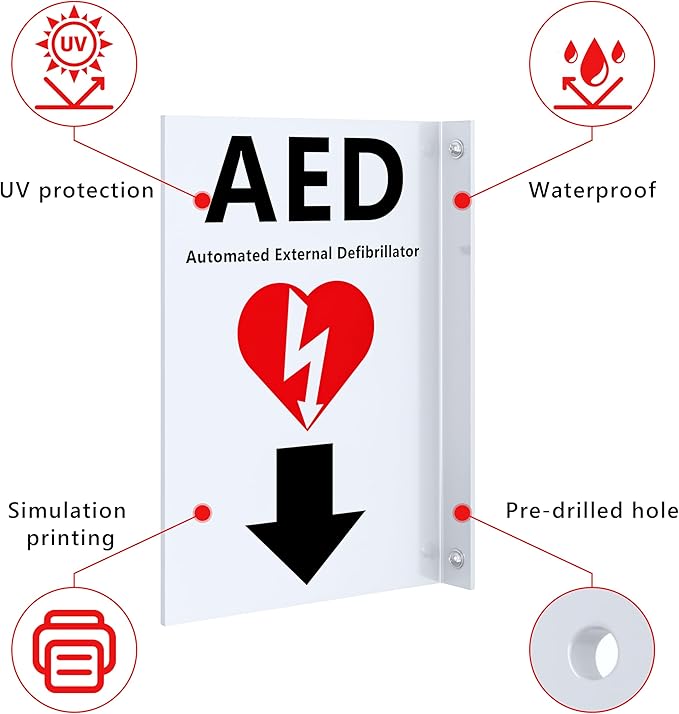 NLShan AED Sign: Double-Sided Acrylic Emergency Sign - Red, Modern and Attention-Grabbing, Wall Mount, 7x9 Inches