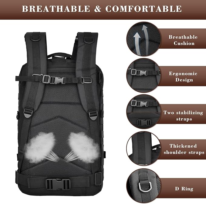 40L Military Tactical Backpack for Men, Tactical Laptop Backpack with Molle Waterproof, Army 3 Days Assault Pack & Bug Out Bag for Hiking (09-Black)