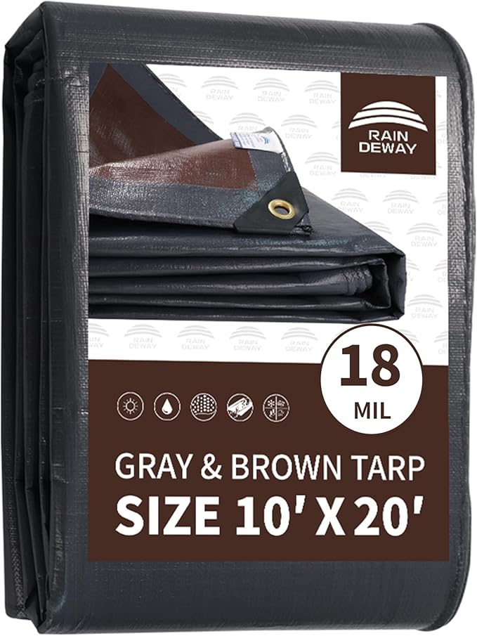 RAINDEWAY 10x20 Feet Super Heavy Duty Tarp 18 Mil, UV Resistant, Weatherproof, Multipurpose Waterproof Poly Tarp with Reinforced Edges, Brown/Gray Tarps