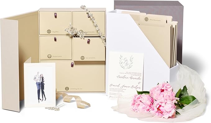 Savor | Deluxe Wedding Keepsake Box with 52 Labels, 6 Drawers, and 8 Vertical Files | Acid-Free Memory Organizer for Wedding Day, Bridal Shower & Anniversary (Slate, No Customization)