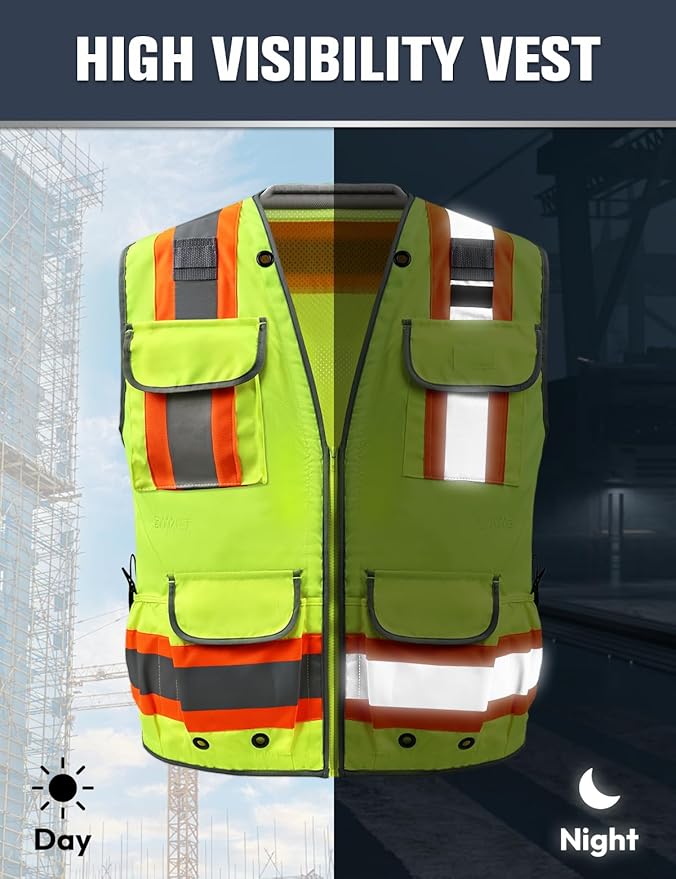 Safety Vest, Hi Vis Vests with Pockets, Class 2 High Visibility Vests,Construction Surveyor Work Vest for Men Women