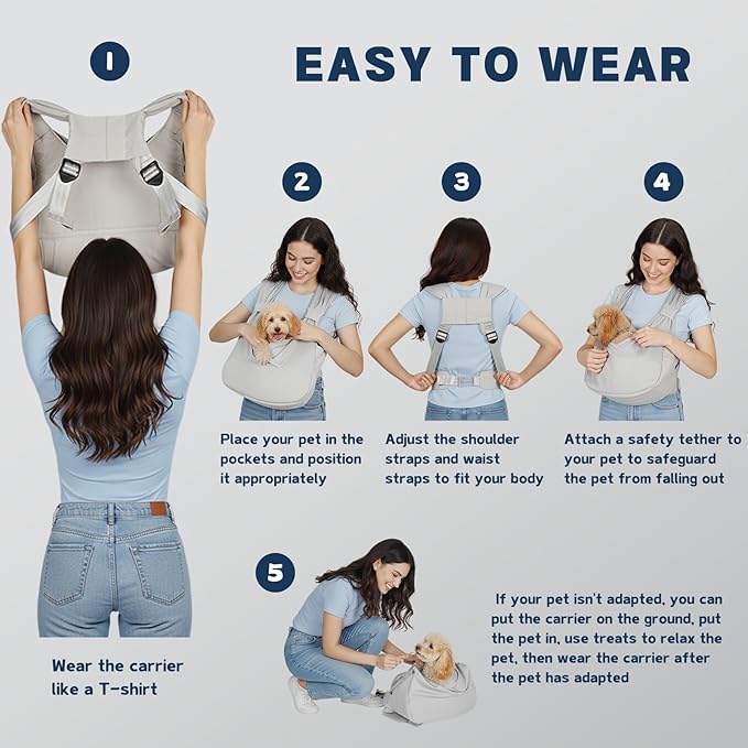 Dog Sling Carrier for Small Dogs with Bottom Support, Adjustable Pet Front Dog Carrier-Padded Straps Reducing Back Neck Pain, Anti-Anxiety Backpack for Travel Hiking Camping, Hands Free (Grey,M)
