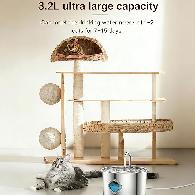 Dog Water Bowl, Triple Filtration System, 3.2L Capacity, Continuous Circulating Water Flow, Quiet Operation Stainless Steel Dog Water Fountain with Visual Water Level for Dogs Cat(8pc filter)