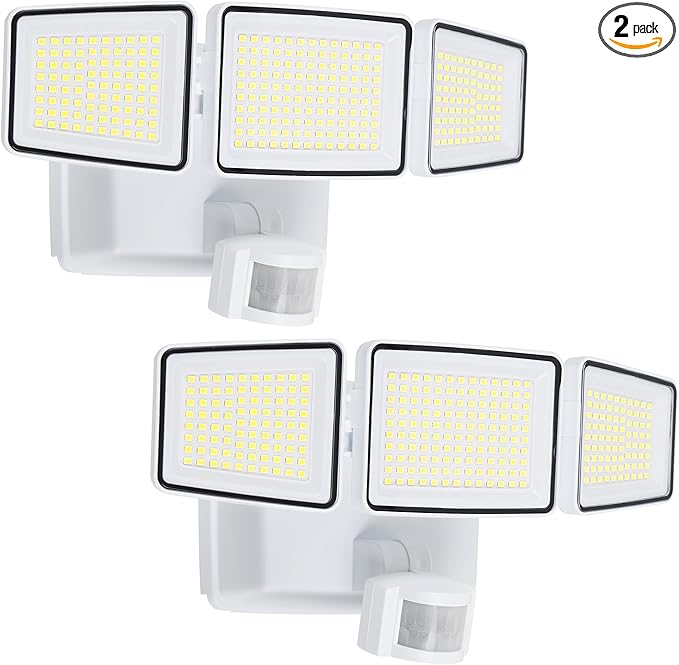 UME Battery Powered Motion Sensor Outdoor Lights 302 LED 1800LM, IP65 Waterproof Battery Operated Flood Lights Outdoor, 3 Heads Security Motion Light with 3 Modes for Garden Patio Yard, 2 Pack (White)