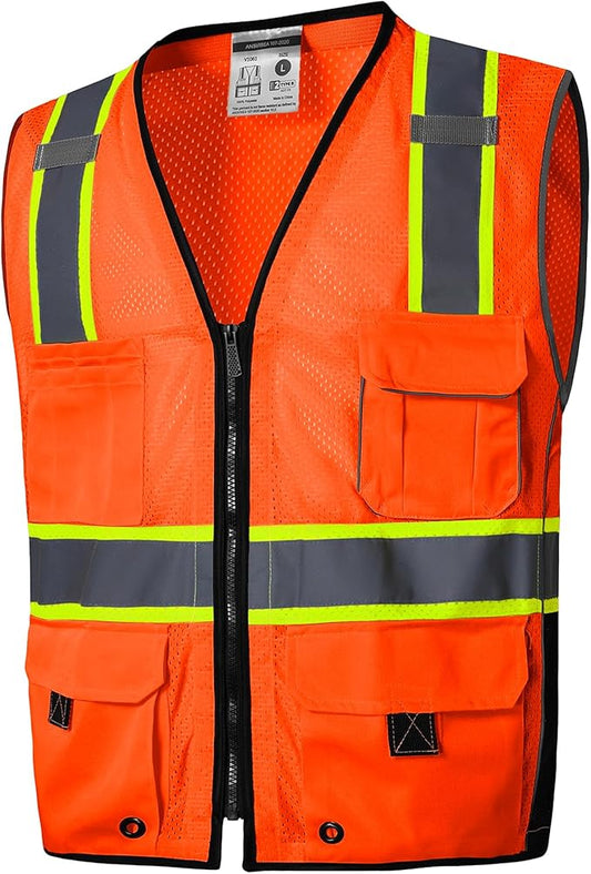 SKSAFETY 10 Pocket Pro Safety Vest - Class 2 Hi Vis Vest with Zipper, Reflective Strips - Orange, XL