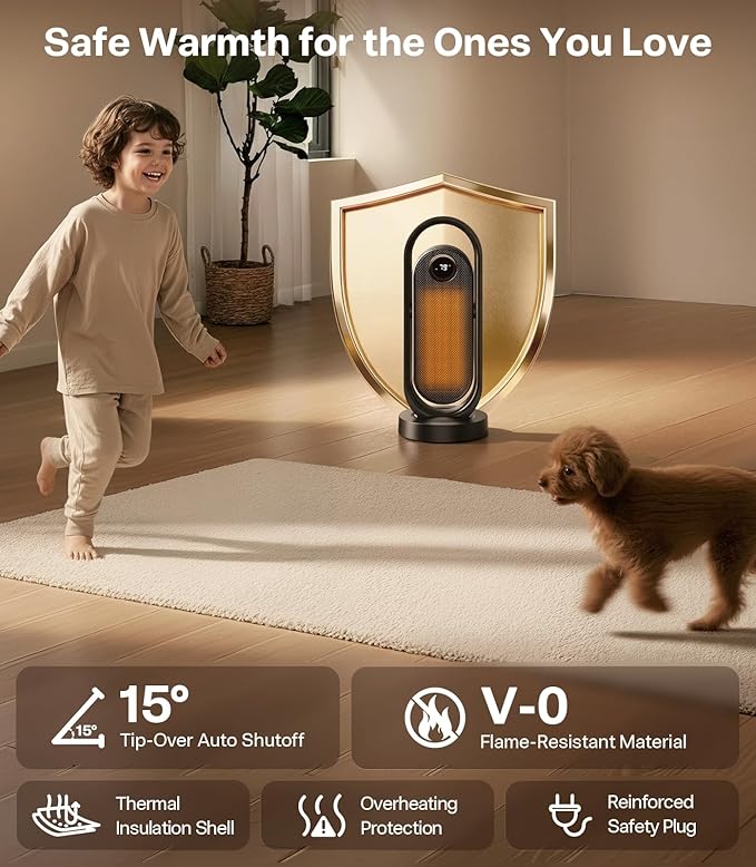RANVOO Space Heater, Electric Portable Heaters for Indoor Use with Thermostat, Wide Oscillation, ECO and Fan Mode, 1-12H Timer, 1500W PTC Ceramic Fast and Safe Heater for Office, Large Room