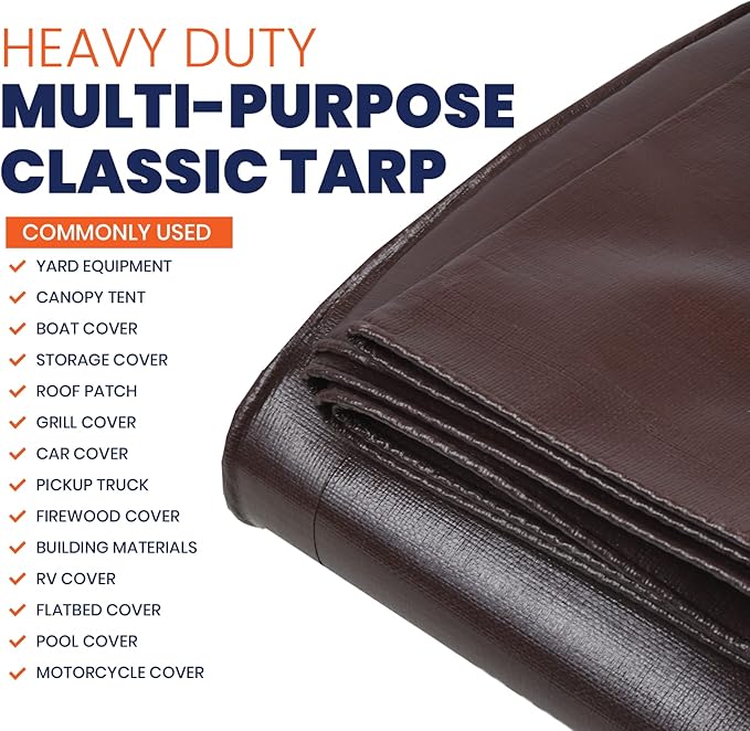 Tarpco Safety Heavy Duty 7 Mil Tarp Cover, Waterproof, UV Resistant, Rip and Tear Proof, Poly Tarpaulin with Reinforced Edges for Roof, Camping, Patio, Pool Cover, Boat (Brown/Black 20′ X 40′)