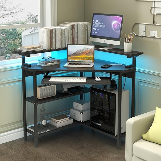 Auromie Corner Desk with Charging Station & LED Light, Triangle Corner Desk with Monitor Stand & Keyboard Tray for Small Space, Gaming Computer Desk with Storage Shelves for Home Office (Black)