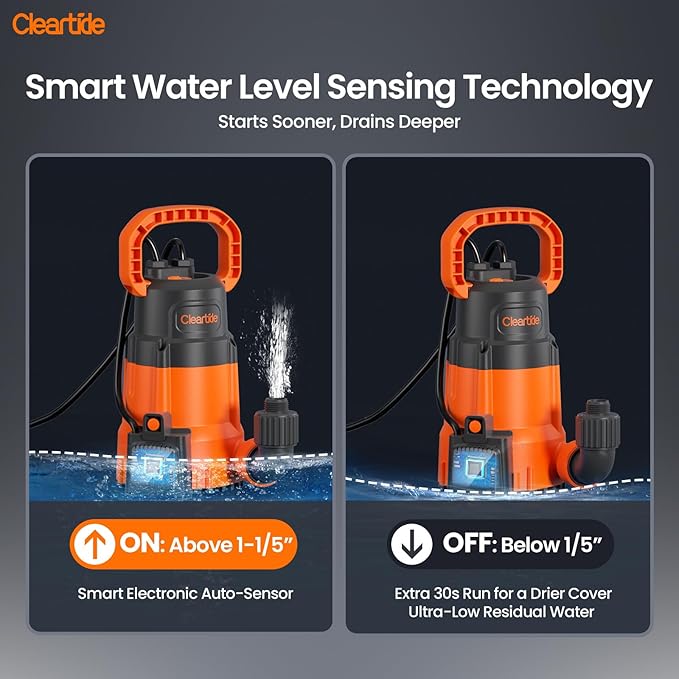 Cleartide Submersible Sump Pump, Smart Water Sensor Auto On/Off, Manual/Auto Mode, 1/3HP 2790GPH Multi-Use Utility Water Pump for Pool/Basement/Garden Drainage