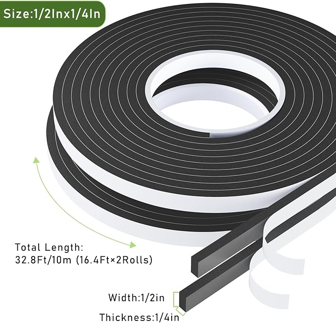 Weather Stripping Door Seal Black,Self Adhesive Foam Tape,Window Insulation Weatherproof Gasket Tape for Doors and Windows,1/2 Inch Wide X 1/4 Inch Thick,2 Rolls Total 32.8Ft