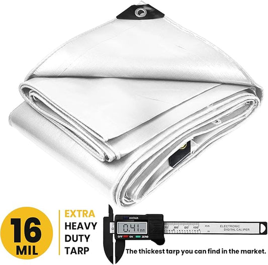 PROTARP Extra Heavy Duty 16 Mil Tarp Cover, Waterproof, UV Resistant, Rip and Tear Proof, Poly Tarpaulin with Reinforced Edges for Roof, Camping, Patio, Pool, Boat. (White 24′ X 64′)
