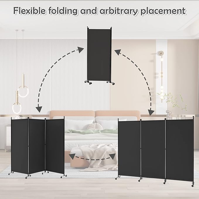 Spurgehom 3 Panel Rolling Room Divider, Folding Partition Privacy Screens, Freestanding Fabric Room Panel, Portable Folding Wall Divider for Office, Room, Restaurant, Hospital (Black)