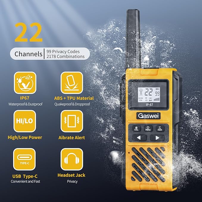 G1pro IP67 Waterproof FRS Heavy Duty Long Range Walkie Talkies for Adults, vibrate Rechargeable 2 watt Emergency Two Way Radios, 22 Channel Walky Talky with Li-ion Battery, VOX ，USB-C (2pack)