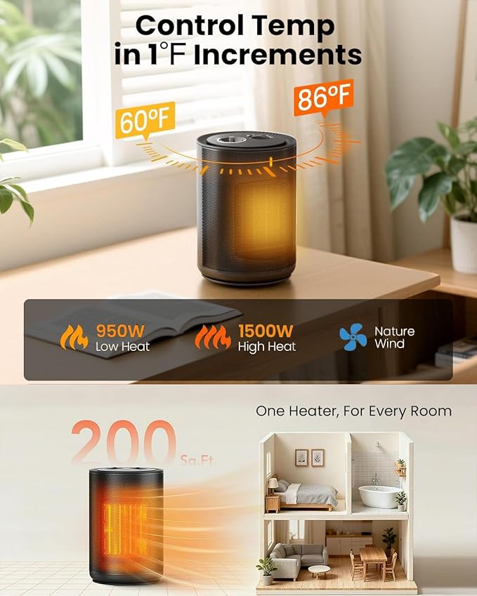 ZAFRO Small Space Heater w/Thermostat,1500W Portable Electric Ceramic Heater for Indoor Use, Overheat and Tip-Over Protection, PTC Ceramic Fast Safety Heat for Home, Bedroom, Office