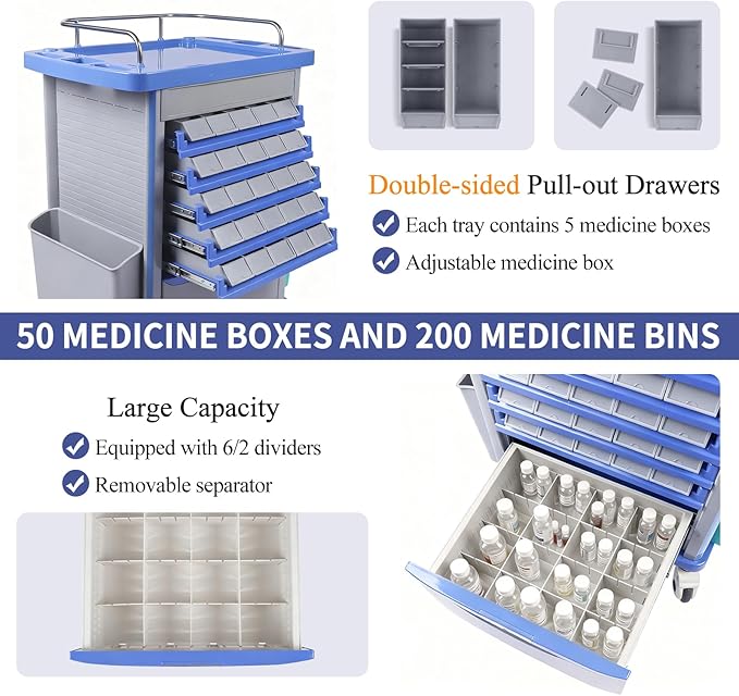Kalolary Dual-Sided Lab Carts, Open Medication Bins Cart with 50 Medicine Boxes, Silent Casters, Movable Container, 2 Trash Bin-Medical Crash Cart for Lab, Clinic, Hospital, Salon, Blue