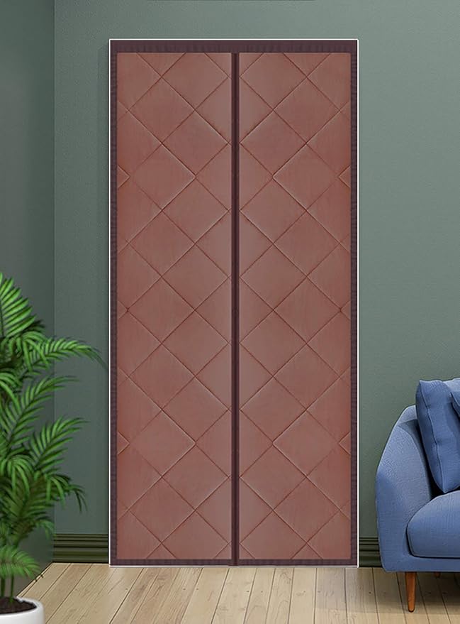 Magnetic Thermal Insulated Blackout Door Curtain Storm Wind Fleece Insulation Curtian Magnetic Screen Door with Thermal and Insulated Waterproof Noise Reduce 50"x78" Inch PU Leather Brown