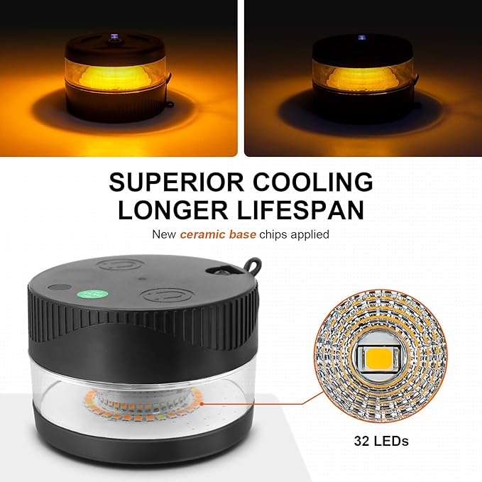 Magnetic Wireless Beacon Light, USB-C Rechargeable LED Strobe Lights for Trucks, Mini Portable Flashing Emergency Safety Warning Light for Postal Car Tractor UTV Golf Cart IP67 Waterproof Amber