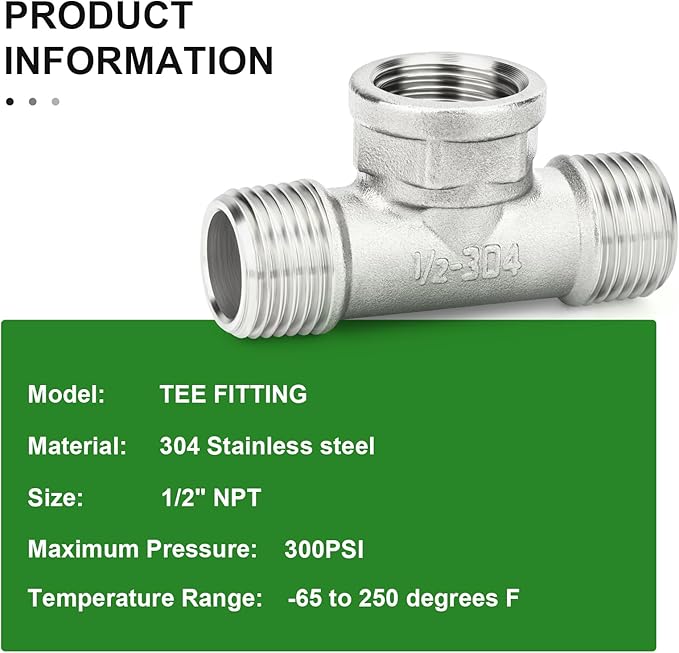 TAISHER 2PCS 304 Stainless Steel Tee Pipe Fittings, 1/2" NPT Male x 1/2" NPT Female x 1/2" NPT Male Pipe Fittings, Female Branch Tee