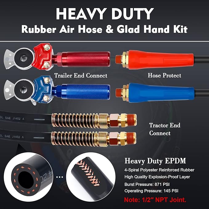 15FT Air Line Hose Kits, Dazakoot 3 in 1 Air Line for Truck Tractor Trailer, 7 Way ABS Electrical Cable and Semi AirLine Assembly with Aluminum Extension Handles and Emergency Glad Hands