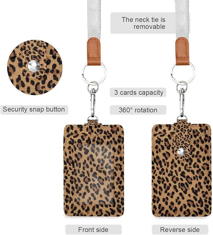 Leopard ID Badge Holder with Lanyard, Vertical Leather ID Badge Card Holder for Office Staff, School Teacher and Student