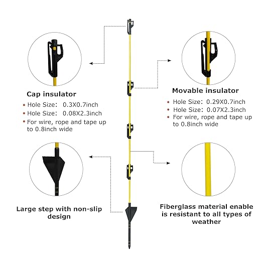 48 inch Electric Fence Posts Step in Fiberglass Insulated Plastic Electric Fence with Post, Electric Fence Stakes for Dogs, 20 Pack