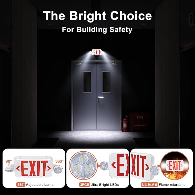 Led Exit Sign Emergency Light Combo Adjustable Two Head,Double Sided and Battery Backup Exit Light,Red Letter Hardwired Emergency Exit Sign,AC 120/277V,UL Listed,Ceiling&Wall Mount (6 Pack)