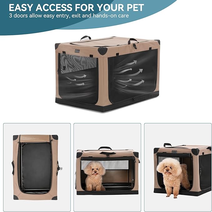 PETSFIT Portable Dog Crate, Soft Sided Dog Crate - 26 Inch Lightweight, Easy Setup, Sturdy Dog Travel Crate, Adjustable Framework with 3 Mesh Door, Collapsible Dog Kennel Khaki